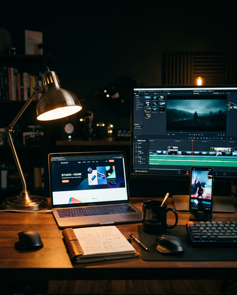 A creative studio desk with a laptop showing a business website and a monitor editing AI video