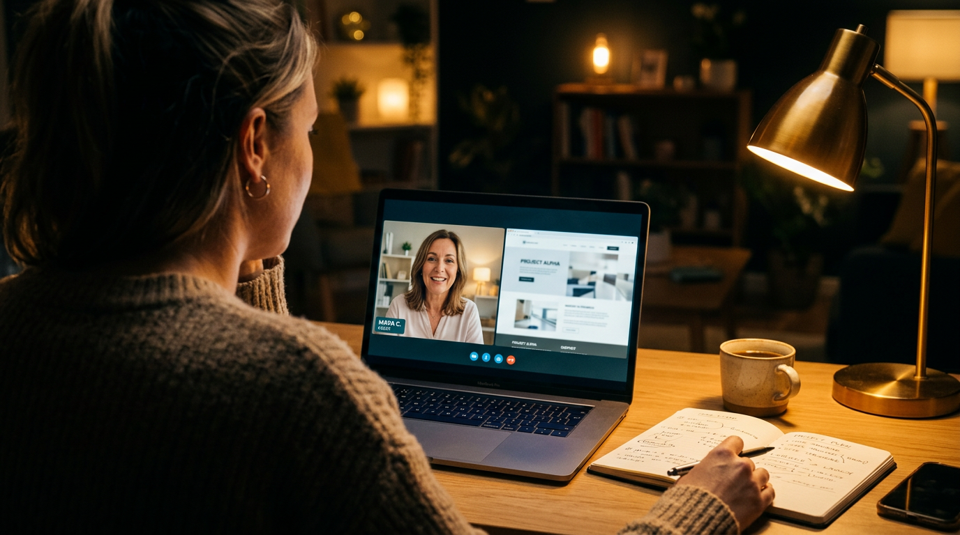 A student on a one-on-one video coaching call, building her website alongside her mentor