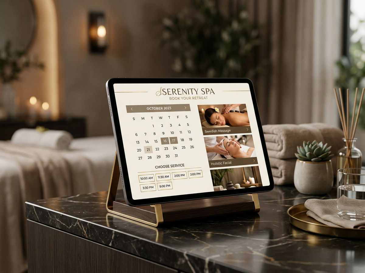 Tablet showing an appointment booking website with a calendar and time slots