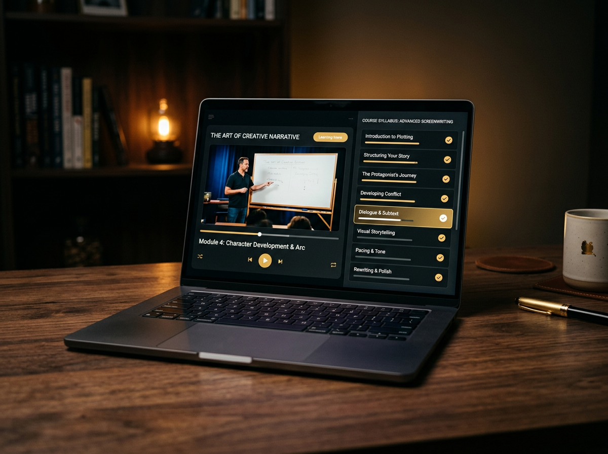 Laptop showing an online course platform with a video lesson and module list