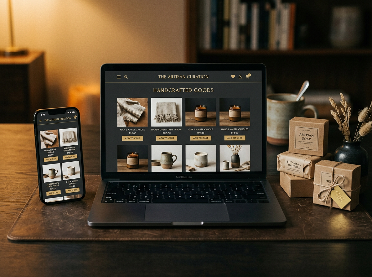 Phone and laptop showing an online store with a product grid